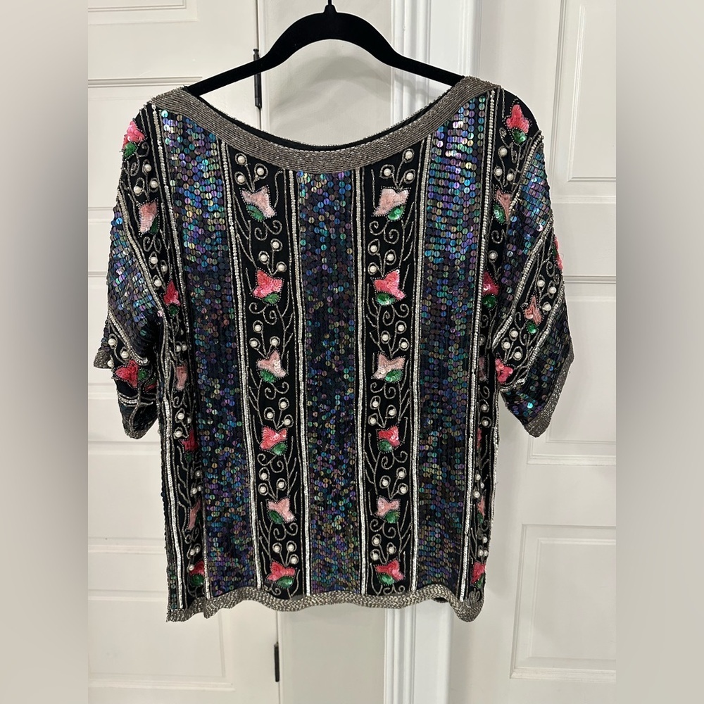 VTG Megere 100% Silk Colorful Beaded Sequined Floral Blouse Pearls Size Large